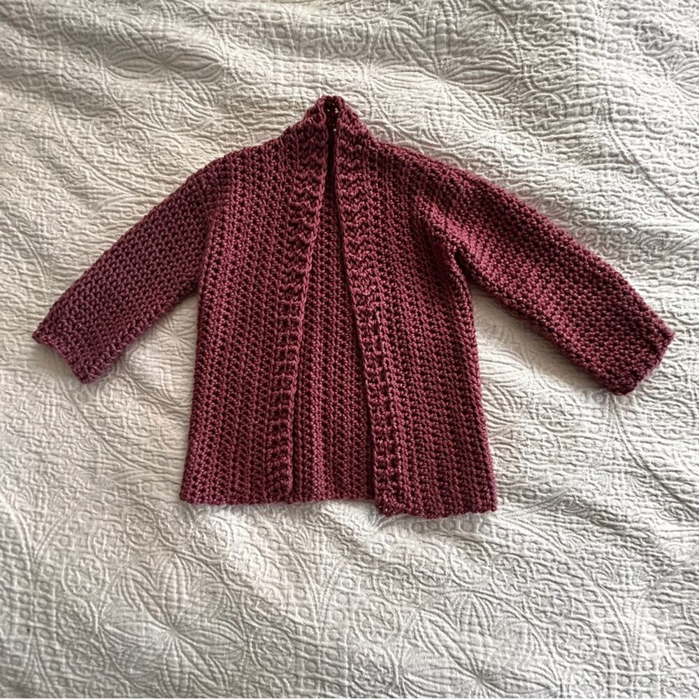 Berry Open-Front Cardigan, hand knit, youth small
